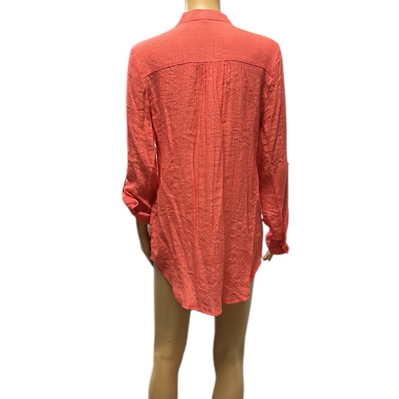 Spense Rayon Long Roll Tab Sleeve Button Up Ruffled Textured Tunic Blouse Medium - Picture 6 of 14